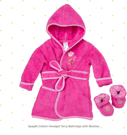 Spasilk 100% Cotton Hooded Terry Bathrobe with Booties, Pink Flower, One Size