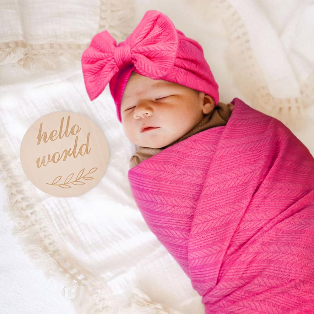 DRESHOW BQUBO Baby Swaddle Blankets for Girls, 4PCS Newborn Accessories Set with Matching Hat and Bow Headband with Card