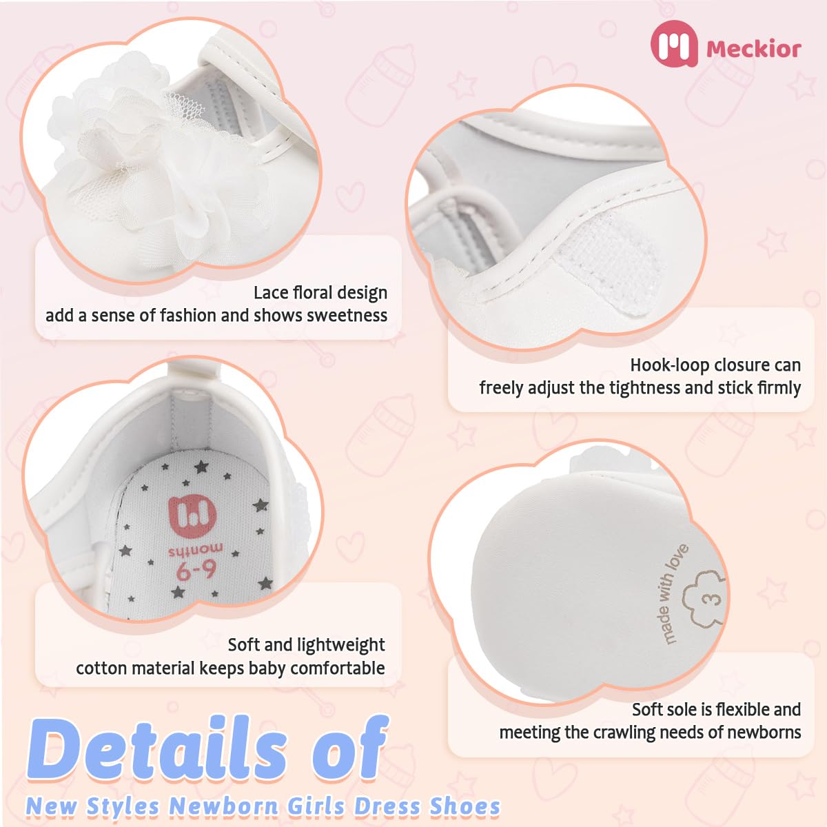 Meckior Newborn Baby Girls Dress Shoes Infant Bowknot Soft Sole Mary Jane Moccasins Baptism Christening Crib Shoes Wedding Princess Flats