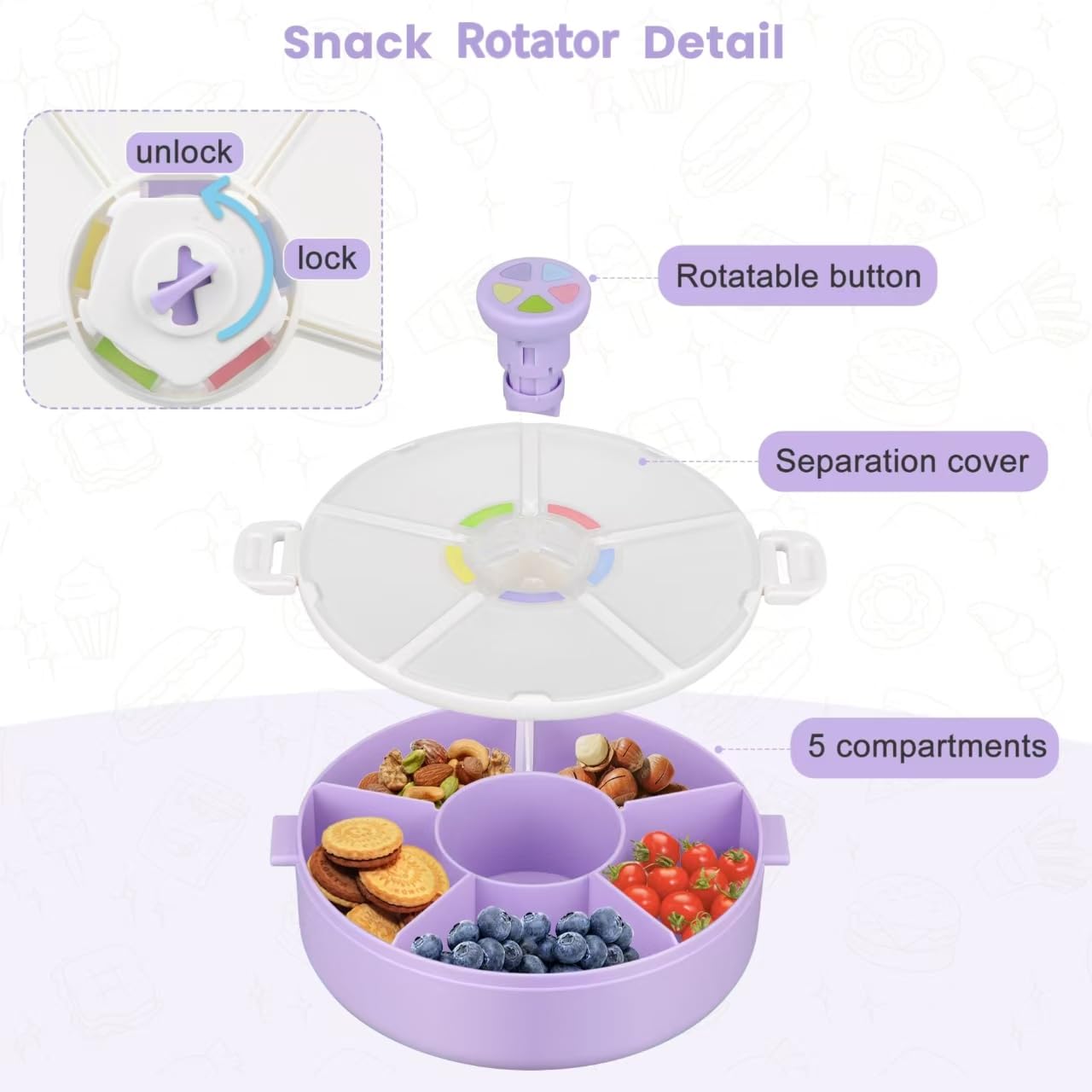 Kids Snack Rotator Container Reusable Snack Box with 5 Compartment Dispenser and Lid, Color Matching Opening Lid, BPA and PVC Free, for Toddlers, Babies, Home, School, Travel (1 Pack- Pink)