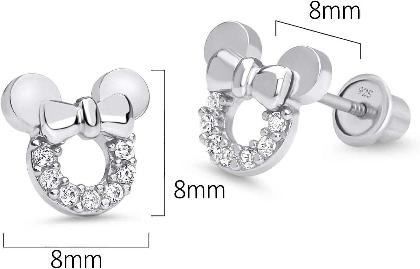925 Sterling Silver Rhodium Plated Mouse Cubic Zirconia Screwback Baby Girls Earrings