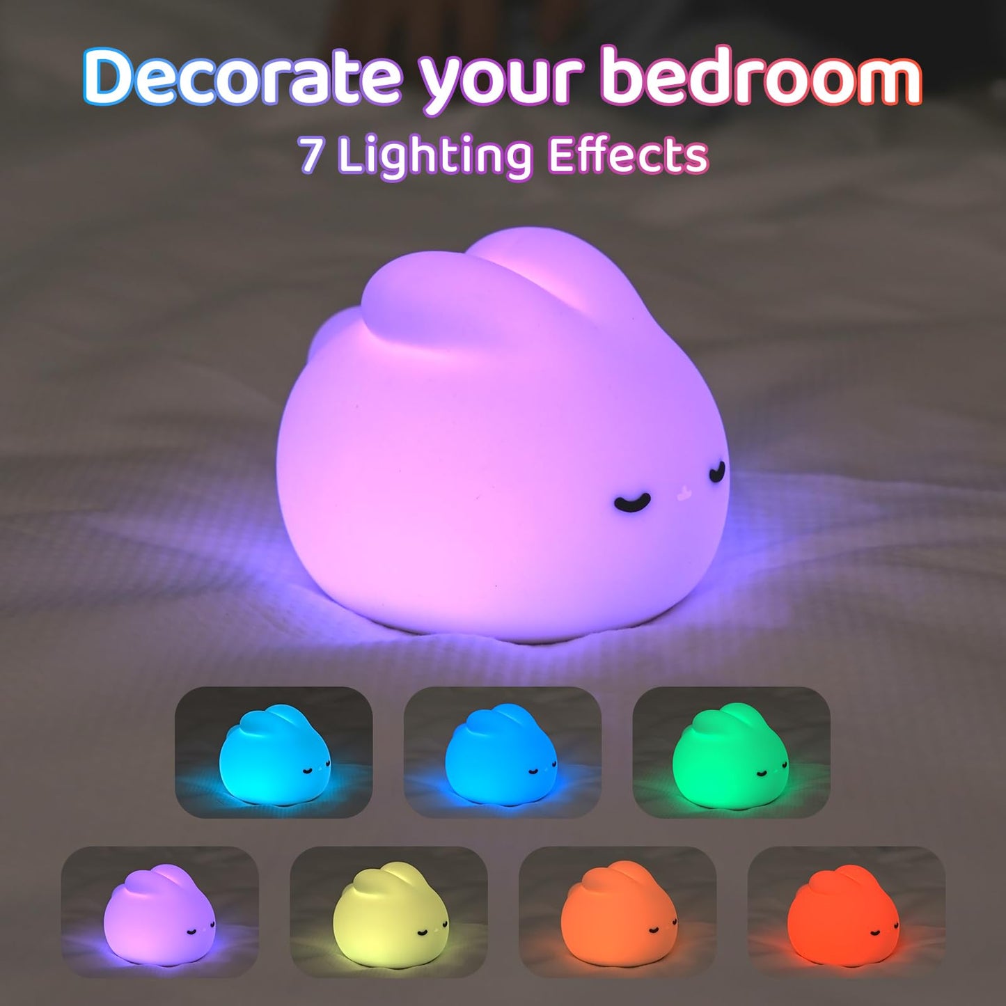 Nursery Night Light, RGB Bunny with 7 Colors & 3 Dim Levels, Rechargeable Silicone, Room Decor & Kids Gift