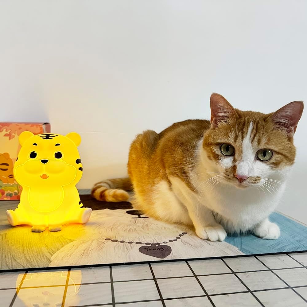 LED Night Light, Cute Tiger Touch Control Soft Silicone Portable Bedroom Lamp, Brightness Adjustable, Non-Flickering Eye-Caring Warm Light, Type-C USB Rechargeable, Timing Function