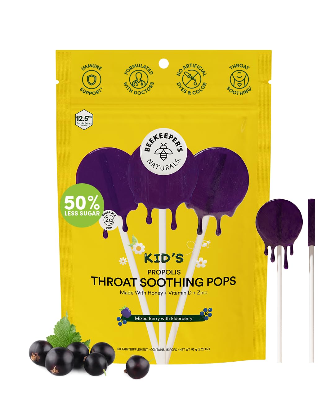Kids Throat Soothing Lollipops by Beekeeper's Naturals - Doctor Formulated Immune Support, Vitamin D & Honey, Under 2g Sugar, Clean Ingredients,15 ct