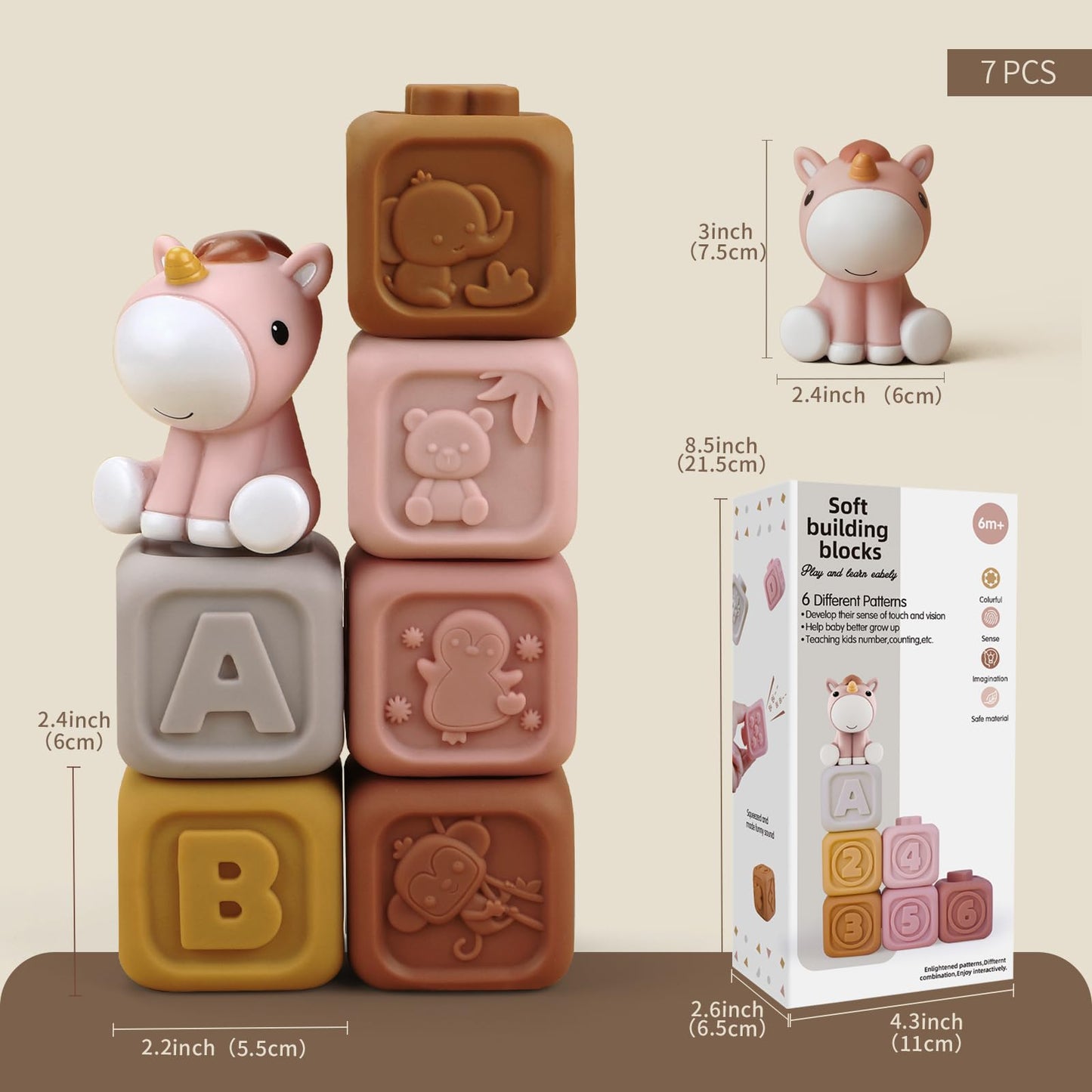 Nueplay 13 Pcs Building Circle & Blocks, Stacking & Nesting Baby Toys with Horse Figure, Newborn Essentials Squeeze Teething Toy Gifts for 6 12 18 Months Baby Toddler Girls