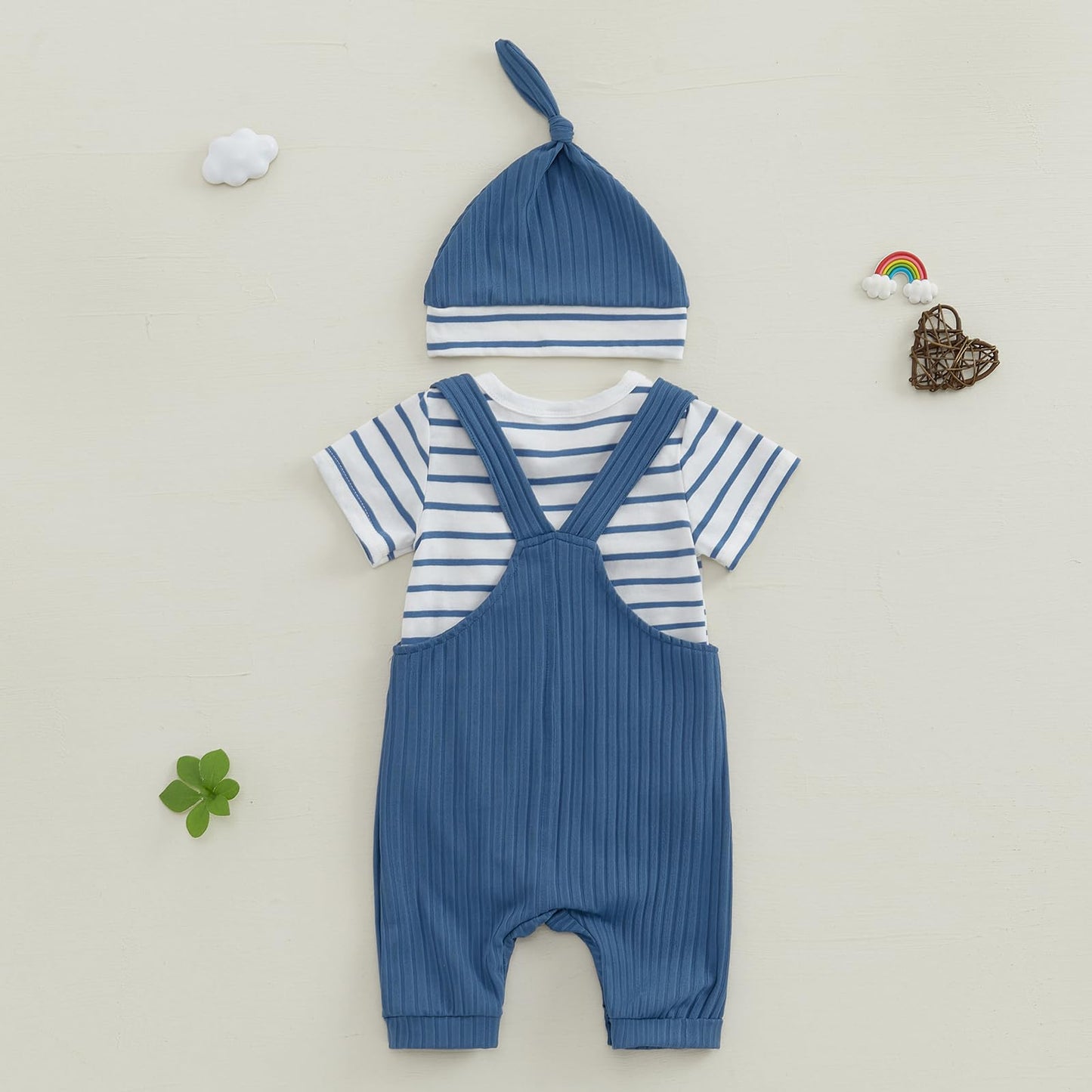 Newborn Baby Boy Summer Clothes Stripe Short Sleeve Romper Suspender Pants Hat 3Pcs Set Cute Coming Home Outfit