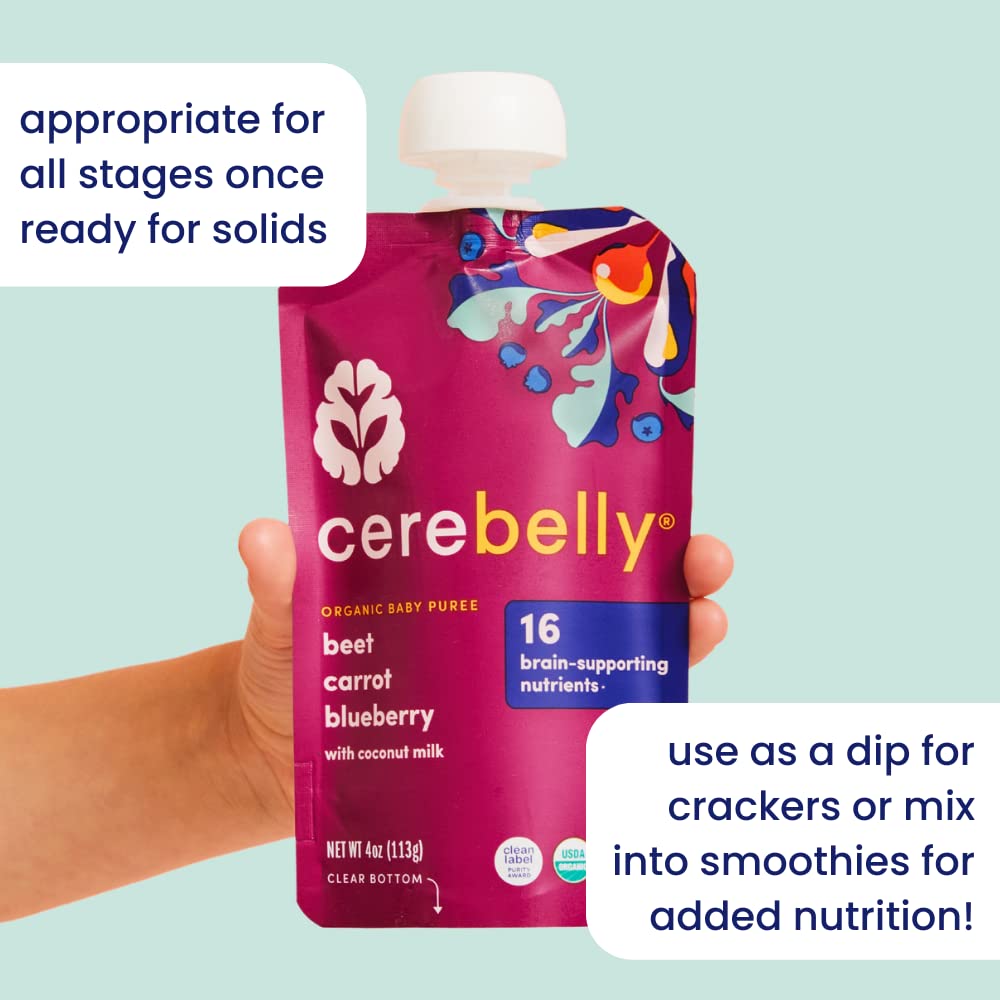 Cerebelly Organic Baby Food Pouches Variety Pack – Organic Veggie Purees for Toddlers | No Added Sugar, Fiber, Non-GMO | Blended Toddler Pouches | 4 Ounce BPA-Free Pouch | 4 Flavors | 8 Count