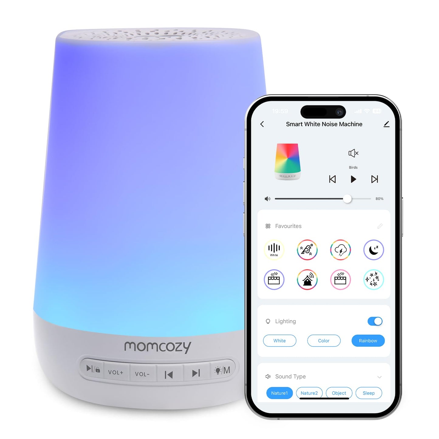 Baby Sound Machine, Momcozy White Noise Machine for Baby Sleeping with Night Light, Toddler Sleep Trainer with 34 Soothing Sounds, Timer, App Remote Control, Personal Sleep Routine(Green)