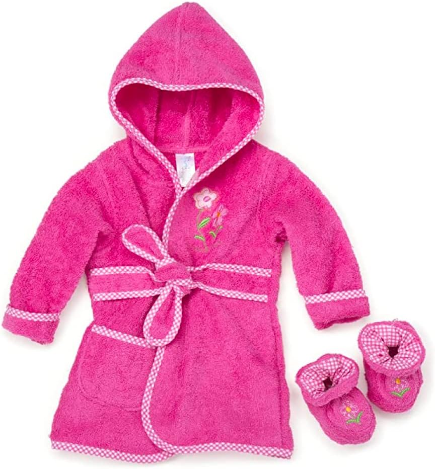 Spasilk 100% Cotton Hooded Terry Bathrobe with Booties, Pink Flower, One Size