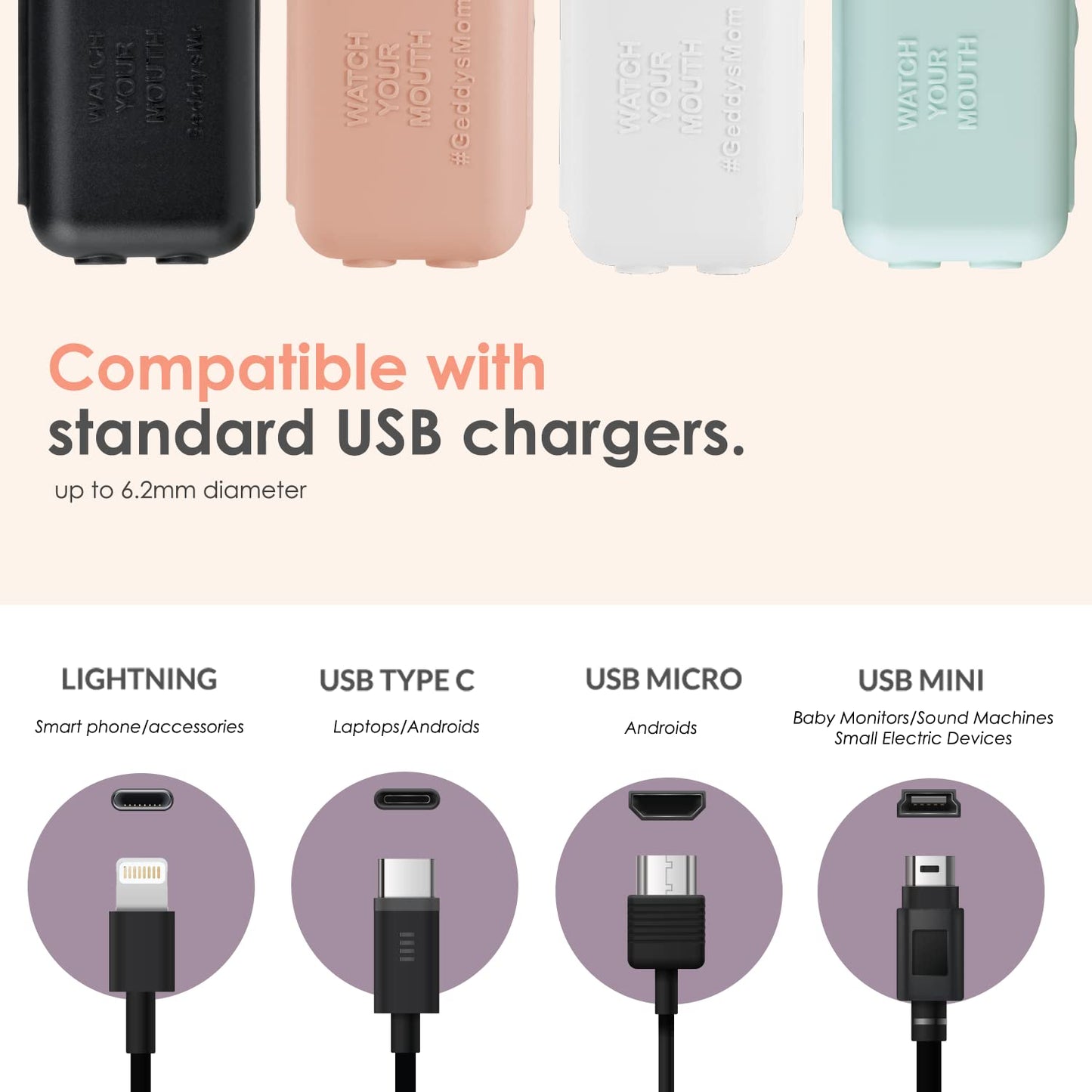 Geddy´s Mom Watch Your Mouth USB Charger Protector Award-Winning Baby Proof Cord Protector| BPA & Phthalate-Free Charger Protector | Electrical Safety Baby Products (3-Pack, White)