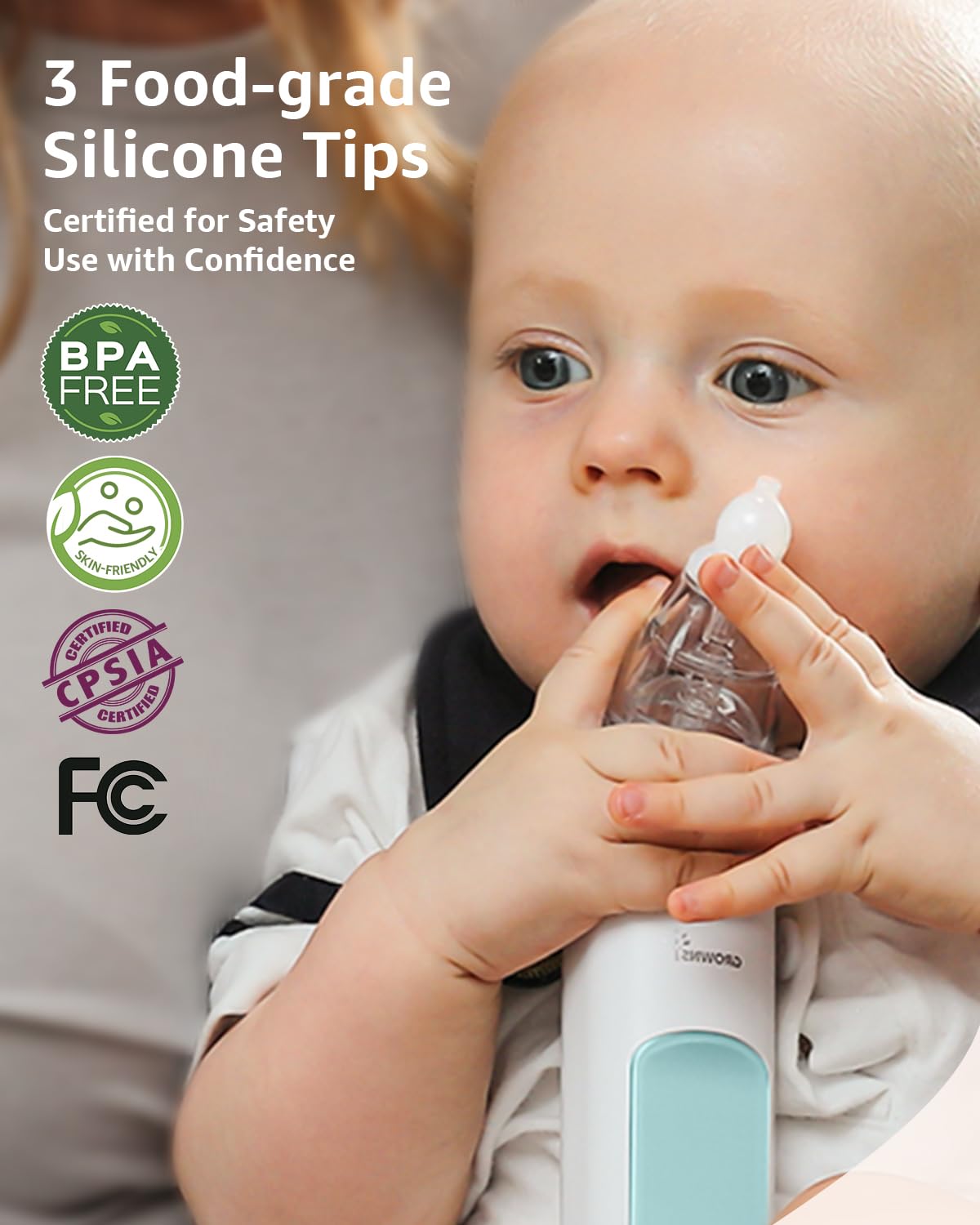 GROWNSY Nasal Aspirator for Baby, Electric Nose Aspirator for Toddler, Baby Nose Sucker, Automatic Nose Cleaner with 3 Silicone Tips, Adjustable Suction Level, Music and Light Soothing Function