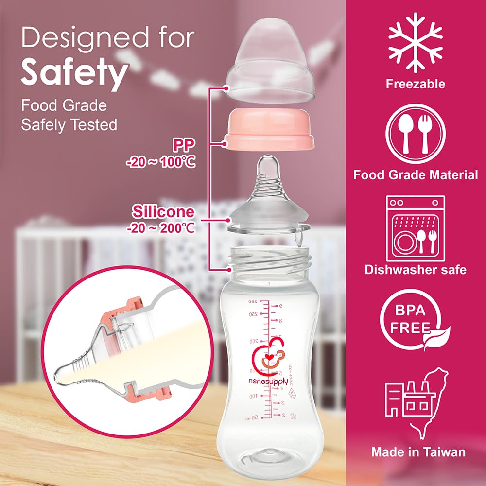 Nenesupply Natural Baby Bottles Newborn Feeding Bottles Slow Flow Breastfeeding Bottle for Breastfed Babies Wide Neck 9oz Anti Colic Level 2 Nipple for 1+ Month Infant Replace Spectra Bottle Pumping