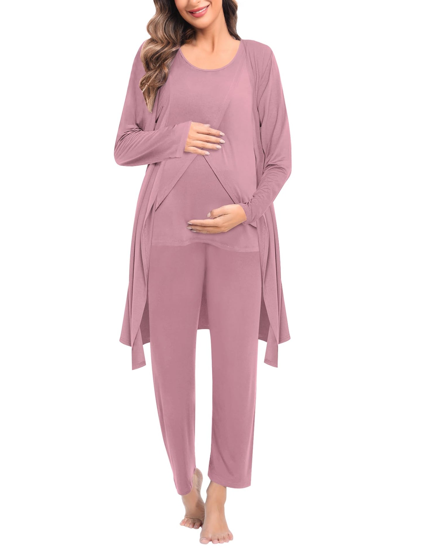 SWOMOG Maternity Nursing Robe Set 3 PCS Postpartum Breastfeeding Pajamas Hospital Pregnancy Pjs Double Layer Lounge Set