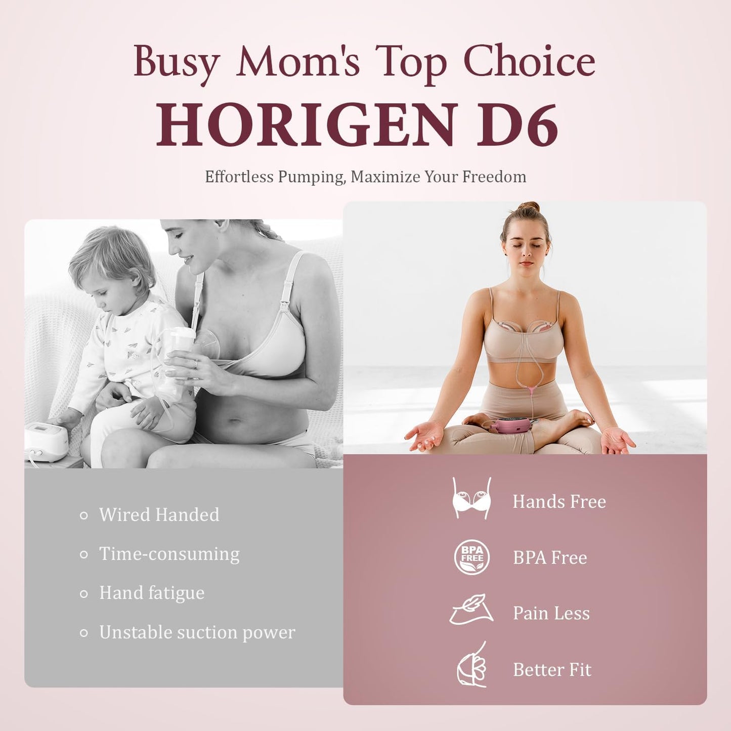 Breast Pump Hands Free D6, Ultra-Lightweight Wearable Breast Pump with Soft Double-Seal Flange - 25mm, Quiet & Leak-Proof Portable Electric Pump, 3 Modes & 9 Levels, Upgraded Low Noise Motor