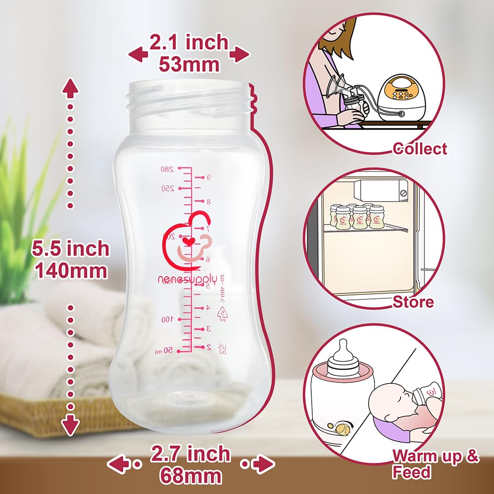 Nenesupply Natural Baby Bottles Newborn Feeding Bottles Slow Flow Breastfeeding Bottle for Breastfed Babies Wide Neck 9oz Anti Colic Level 2 Nipple for 1+ Month Infant Replace Spectra Bottle Pumping