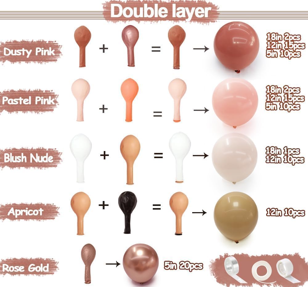 Dusty Pink Brown Balloon Garland Nude Tan Pink Rose Gold Metallic Double Stuffed Dusty Rose Mauve Blush Beige Balloon Arch Kit for Baby Shower Birthday Bridal Wedding Party Decoration
