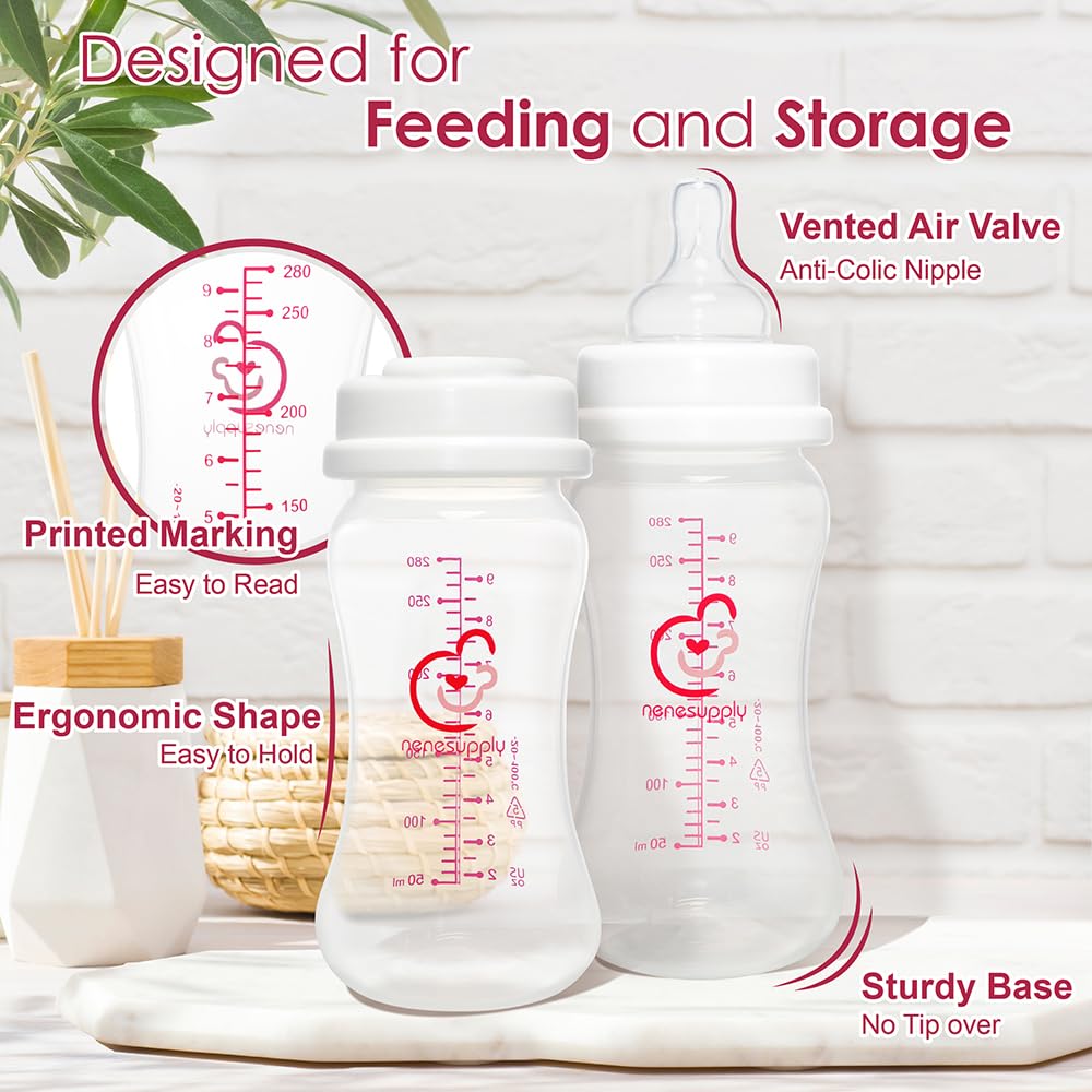 Nenesupply Natural Baby Bottles Newborn Feeding Bottles Slow Flow Breastfeeding Bottle for Breastfed Babies Wide Neck 9oz Anti Colic Level 2 Nipple for 1+ Month Infant Replace Spectra Bottle Pumping