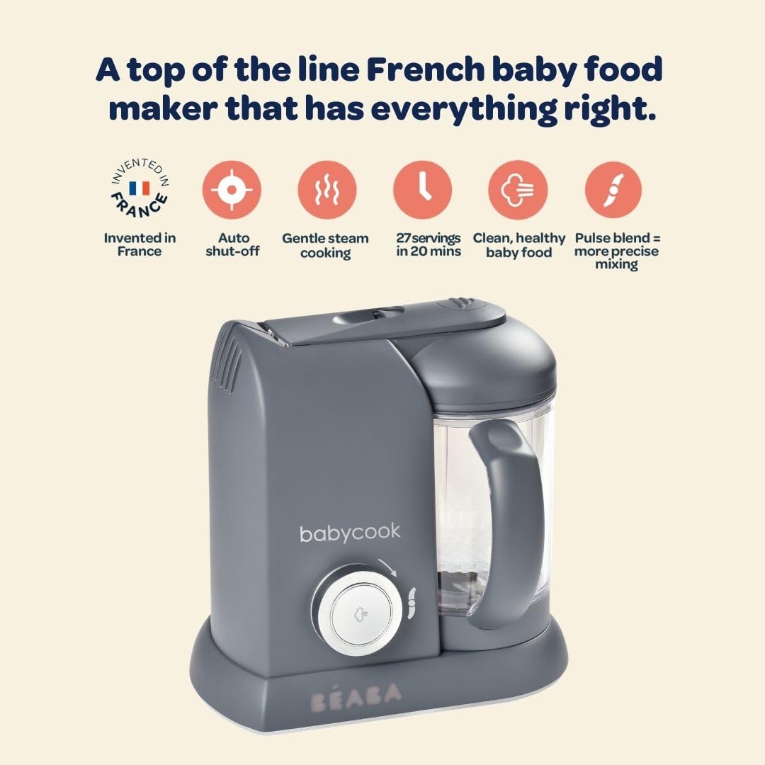 BEABA Babycook Solo 4 in 1 Baby Food Maker, Puree Steamer and Blender for Purees, Grinder with Auto Steam Cooking, Lrg Capacity 4.5 Cups 27 Servings in 20 Mins, Rose Gold