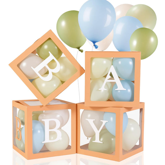 Zhanmai Baby Boxes for Bear Baby Shower Decoration with 4 Letters 36 Balloons 4pcs Transparent Clear Balloon Box Blocks for Boy Girl Balloon Boxes Gender Reveal Party Favors (Brown, Apricot, Blue)