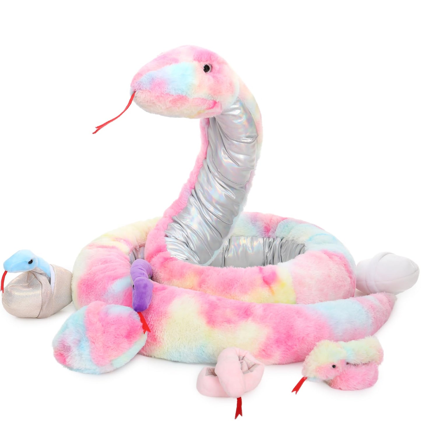 MorisMos Snake Stuffed Animals Plush Toy 120 Inch Giant Snake Plush with Babies Stuffed Snake Toys for Kids Plush Party Decorations Favors Prank Props, 4 Snake Babies, 3 Snake Eggs