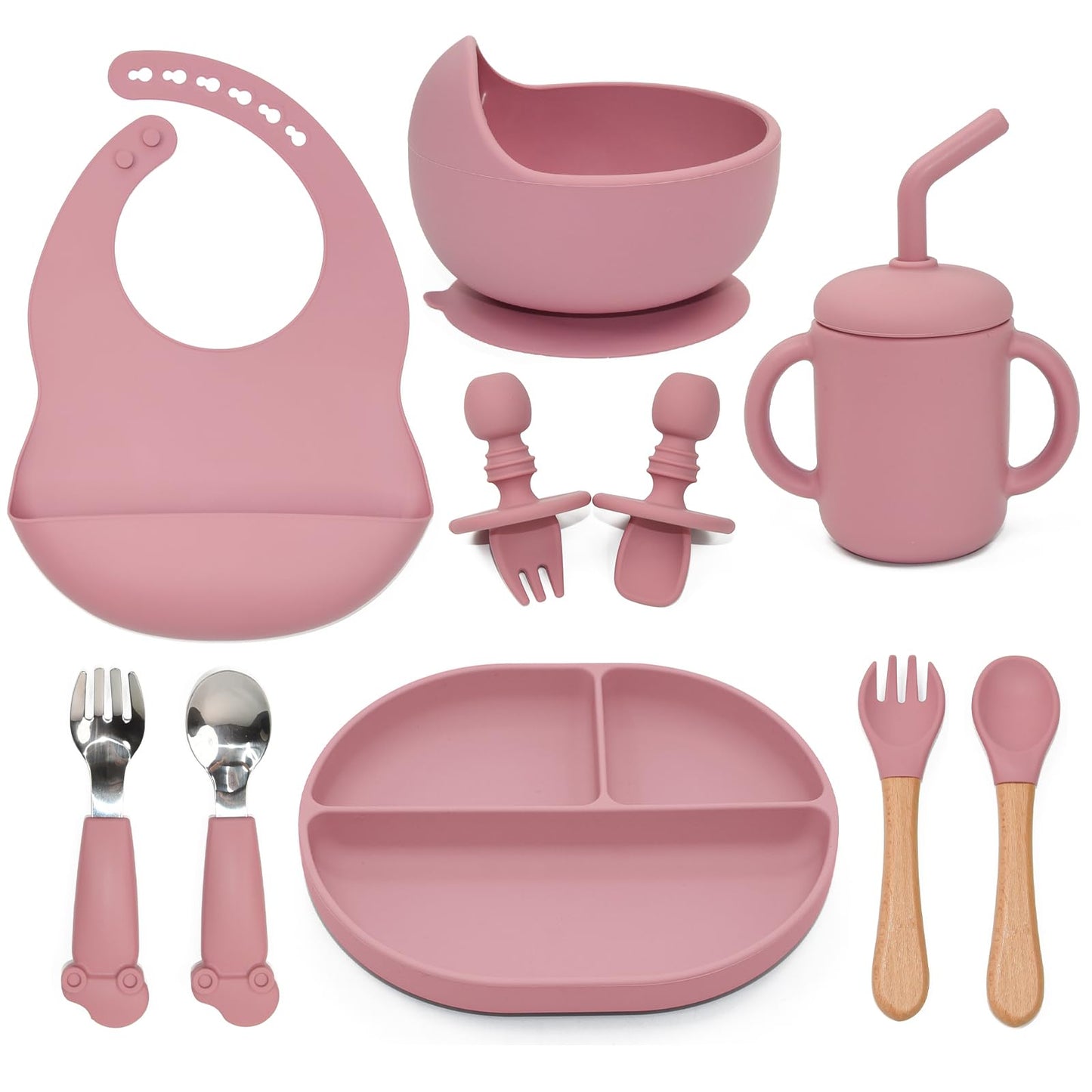 Silicone Baby Feeding Set, 10PCS Baby Led Weaning Supplies with Suction Bowl and Divided Plate, Bib Baby Cup Spoons Forks -Baby Feeding Essentials for 6+ Months