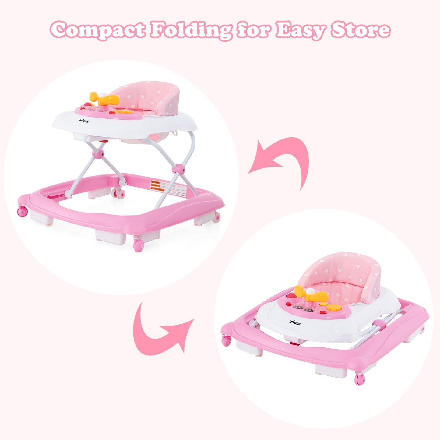 INFANS Foldable Baby Walker, 3 in 1 Toddler Walker Leaning-Seated Walk-Behind with Removable Music Tray, Adjustable Height, Washable Seat Cushion for Boys and Girls (Heart)