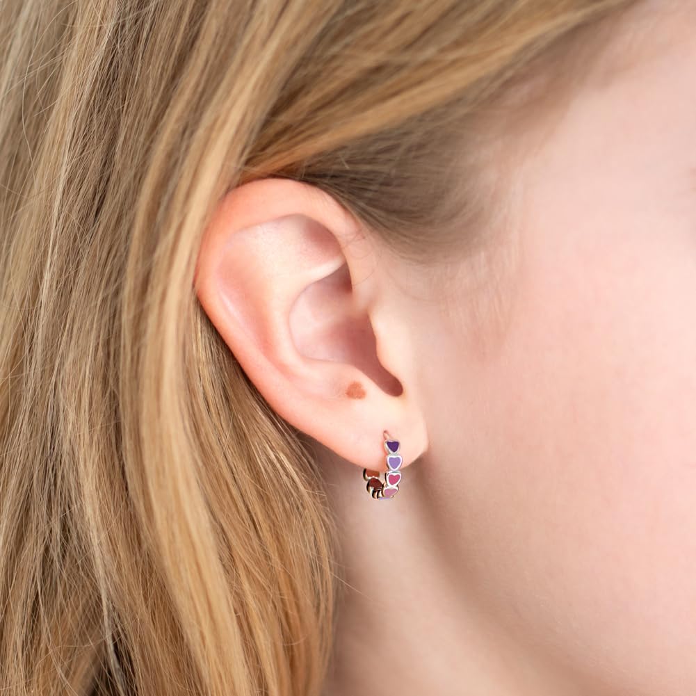 925 Sterling Silver Tiny Heart Enamel Huggie Hoop Earrings - Multicolored Heart Themed Hoops