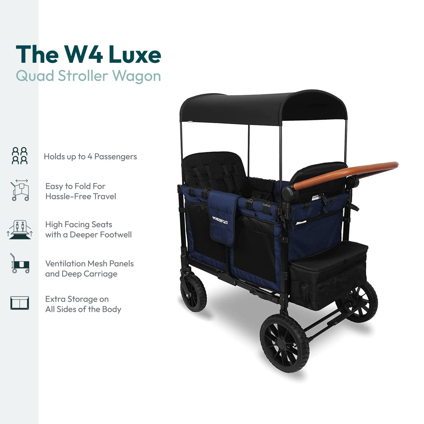 WONDERFOLD W4 Luxe Quad Stroller Wagon Featuring 4 High Face-to-Face Seats with Magnetic Buckle 5-Point Harnesses and Adjustable/Removable UV-Protection Canopy, Hunter Green
