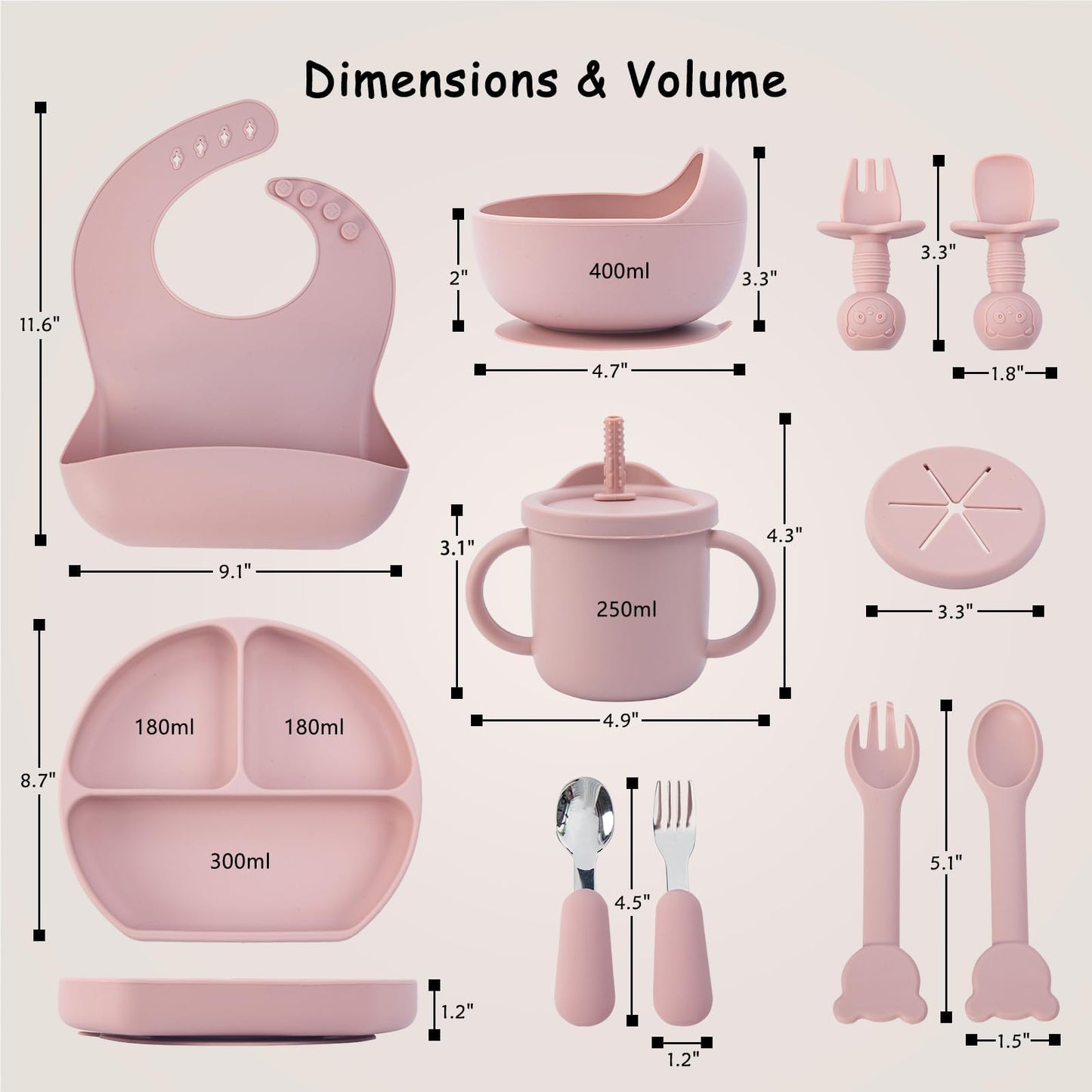 Baby Feeding Set, 13PCS Silicone Baby Self Feeding Set, Toddler Led Weaning Utensils Set with Suction Bowl and Plate, 3 Set of Baby Spoon and Fork, Adjustable Bid, Sippy Cup with Straw and 2 Lids