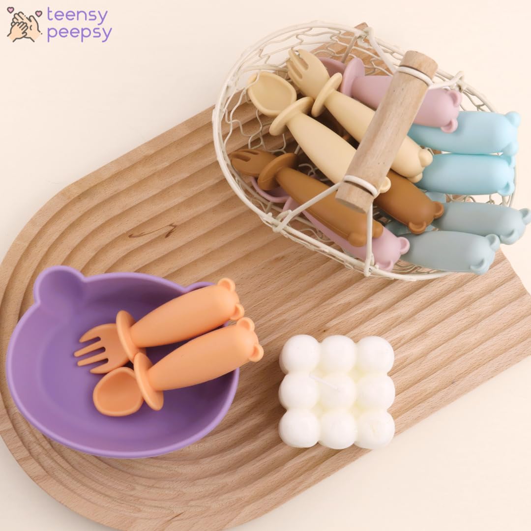 Bear Silicone Baby Bowl Suction Baby Spoon and Fork for Babies 6 months+ Suction Bowls for Baby Utensils 6-12M+ BLW Essentials (Peach Lilac)