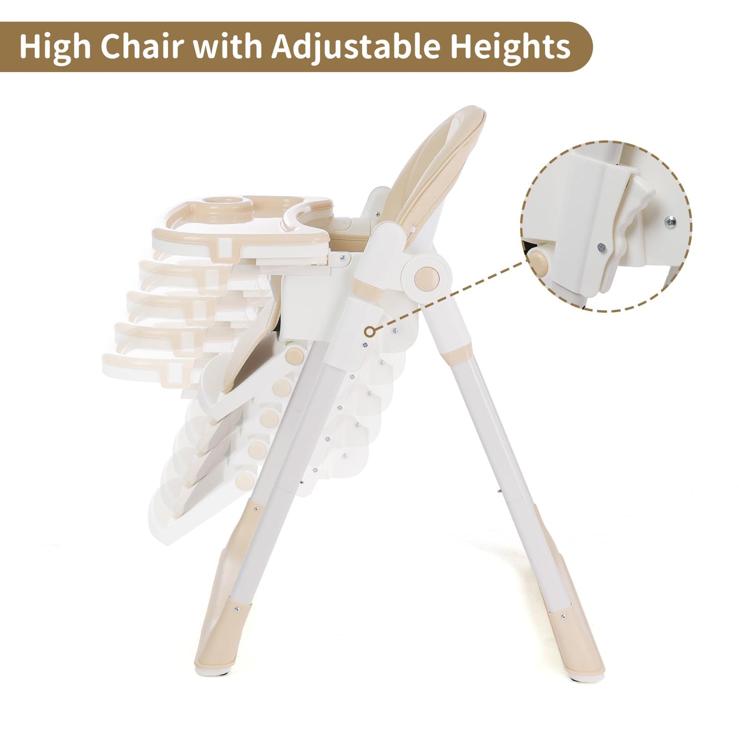 3-in-1 Foldable High Chair for Babies & Toddlers – Adjustable Height, Reclining Seat, 5-Point Safety Harness, Removable Tray, Lockable Wheels and Washable Cushion, Beige