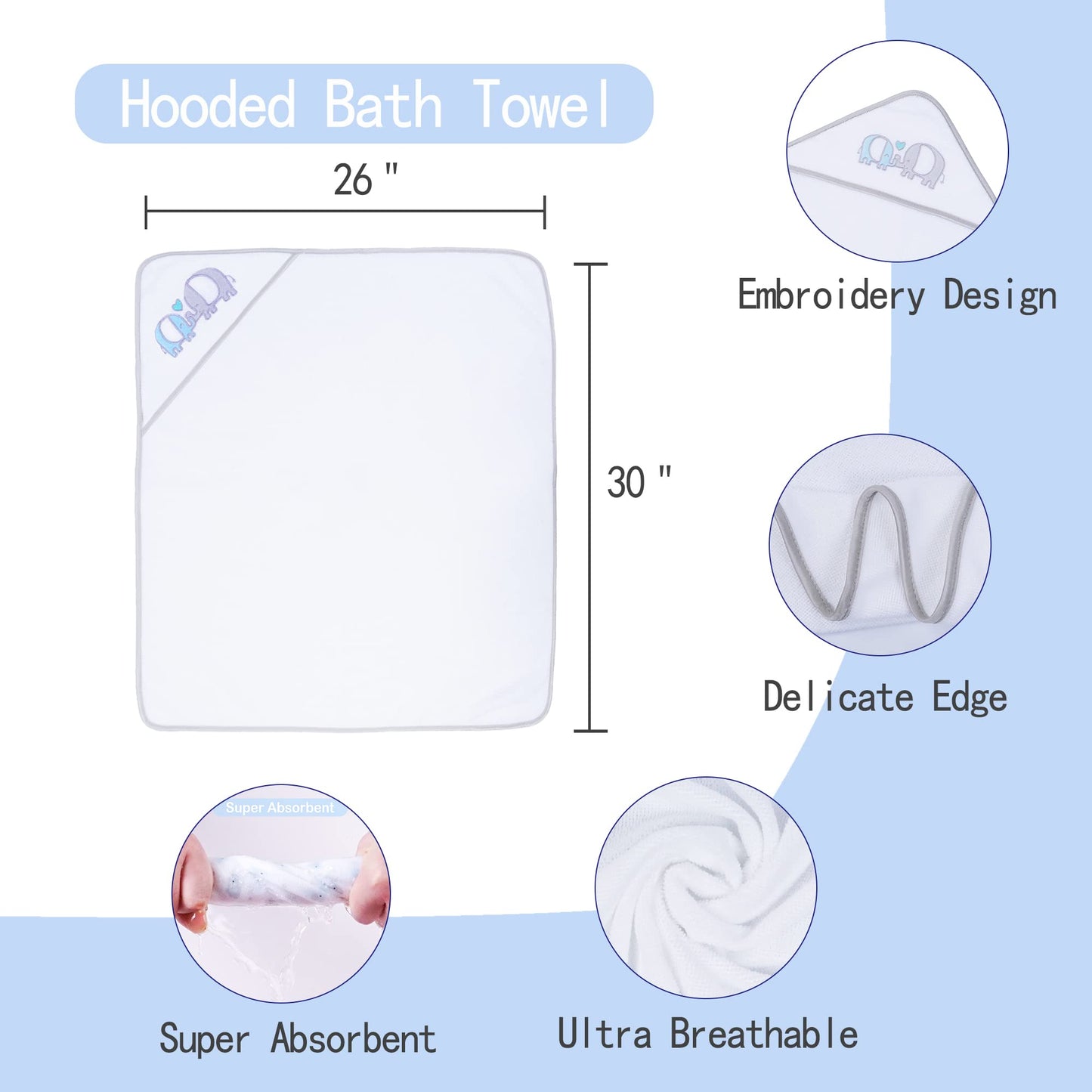 Viviland Baby Towels and Baby Wash Cloths Set Hooded Baby Towels Baby Wipes Absorbent Bath Face Towels Burp Cloths or Face Towels for Girl Boy 6-Pack Size 28 x 28 Inch(Elephant Flower)