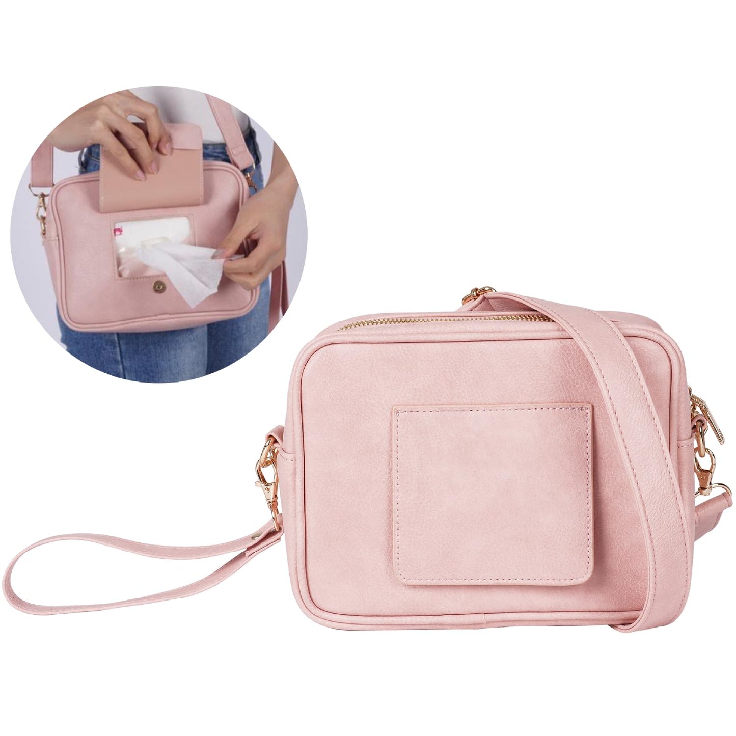 Crossbody Diaper Bag Purse with Wipes Dispenser - Stylish Vegan Leather Baby Wipes Holder Clutch for Women - Multipurpose Luxury Diaper Bag Pouch Can Hold 20-30 Various Types of Wipes - Pink