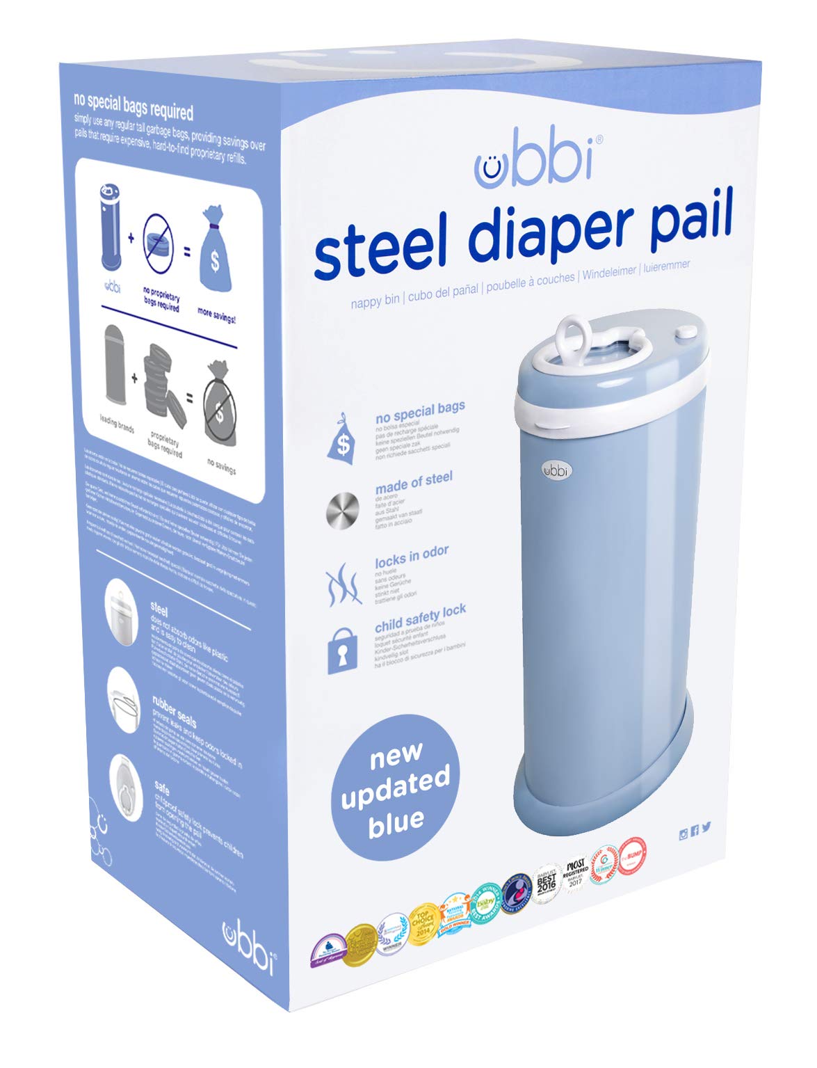 Ubbi Steel Diaper Pail, Odor Locking, No Special Bag Required, Award-Winning, Registry Must-Have, White