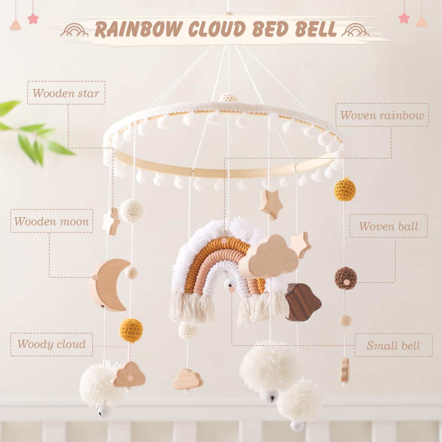 Baby Crib Mobile for Boys Girls| Boho Nursery Mobile| Gender Neutral Hand-Crocheted Mobile| Ceiling Mobile - Stars, Clouds, Moon