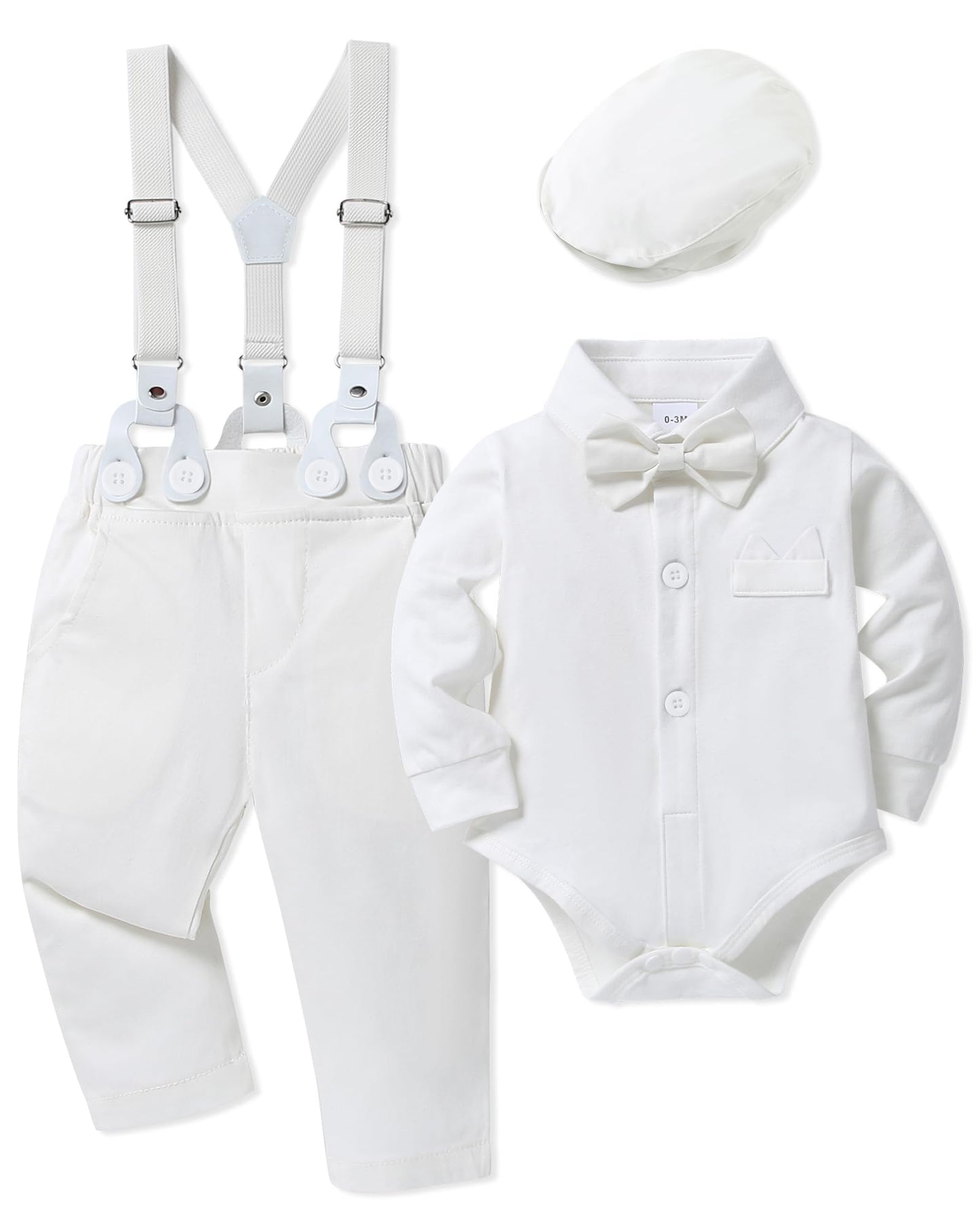 WESIDOM Baby Boy Clothes 0-18M Newborn Infant Gentleman Outfit, Shirt+Bowtie+Beret+Suspender Pant Baby boy Suit Clothing Set