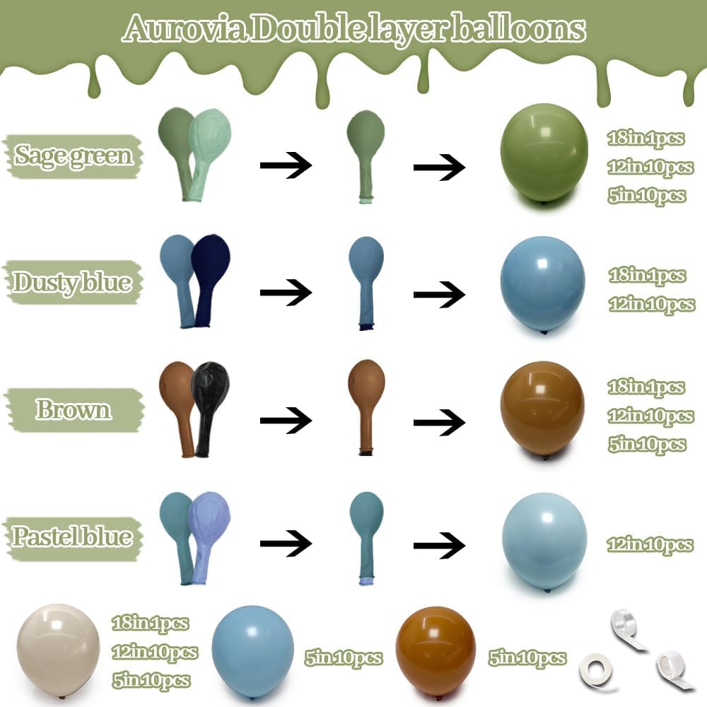 Blue Green Brown Balloon Garland Double Stuffed Dusty Blue Sage Green Balloons Olive White Sand Latex Balloon Arch Kit for Bear Baby Shower Birthday Woodland Wild One Party Decorations