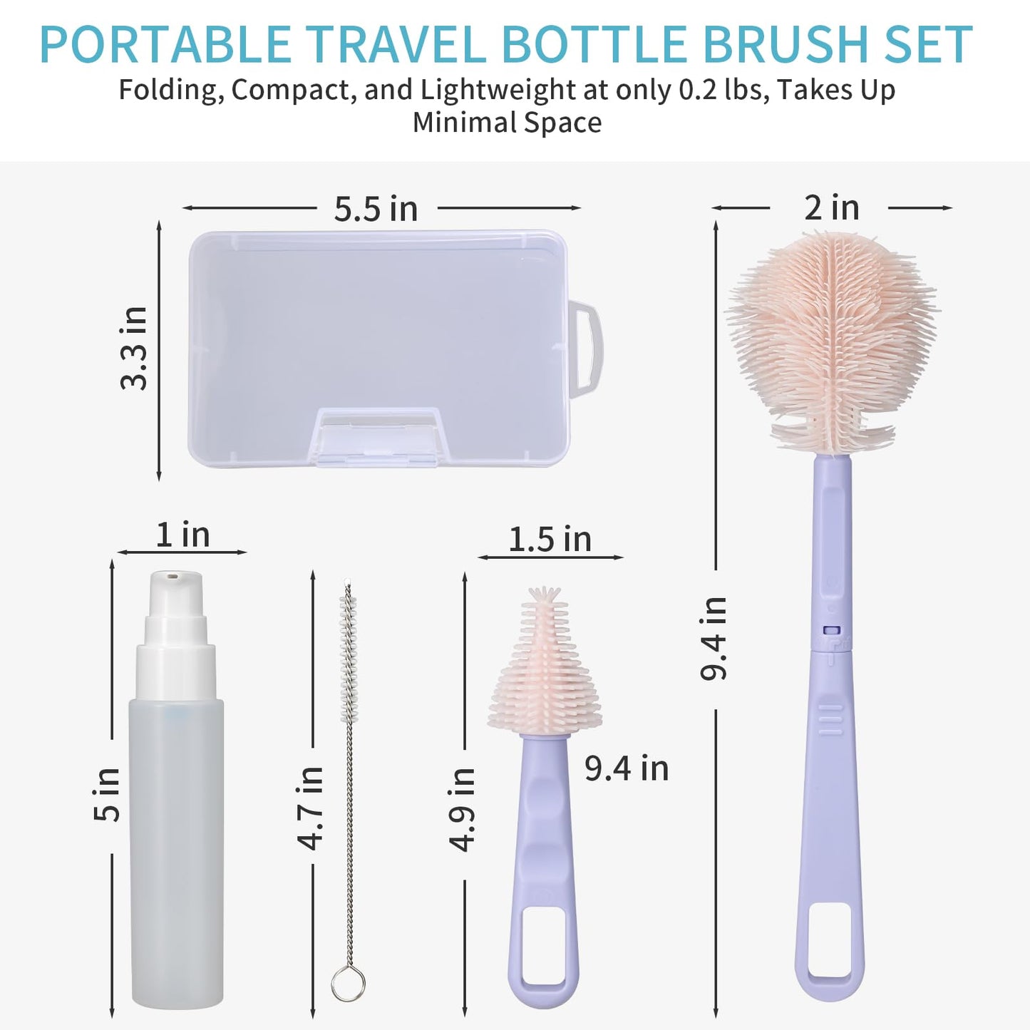 VOOWO Portable Bottle Cleaner Kit Travel Set, Silicone Baby Bottle Cleaner, Straw and Nipple Brush, Soap Dispenser (Purple)