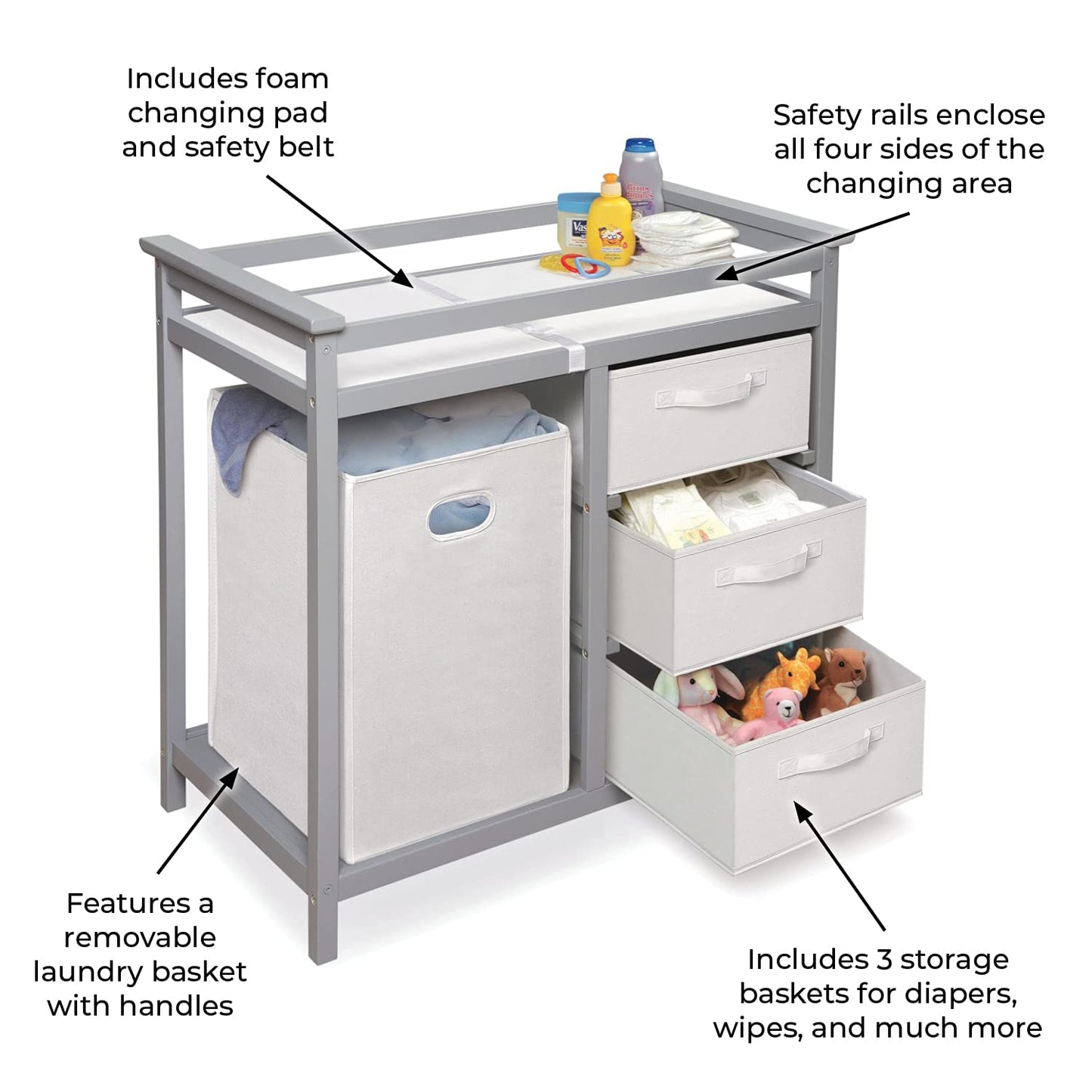 Badger Basket Modern Baby Changing Table - Portable Diaper Station with 3 Drawers Pad & Hamper - Storage Organizer for Baby Clothes, Diapers & Toys - Fresh White/White (34.25 x 20.75 x 34.5)