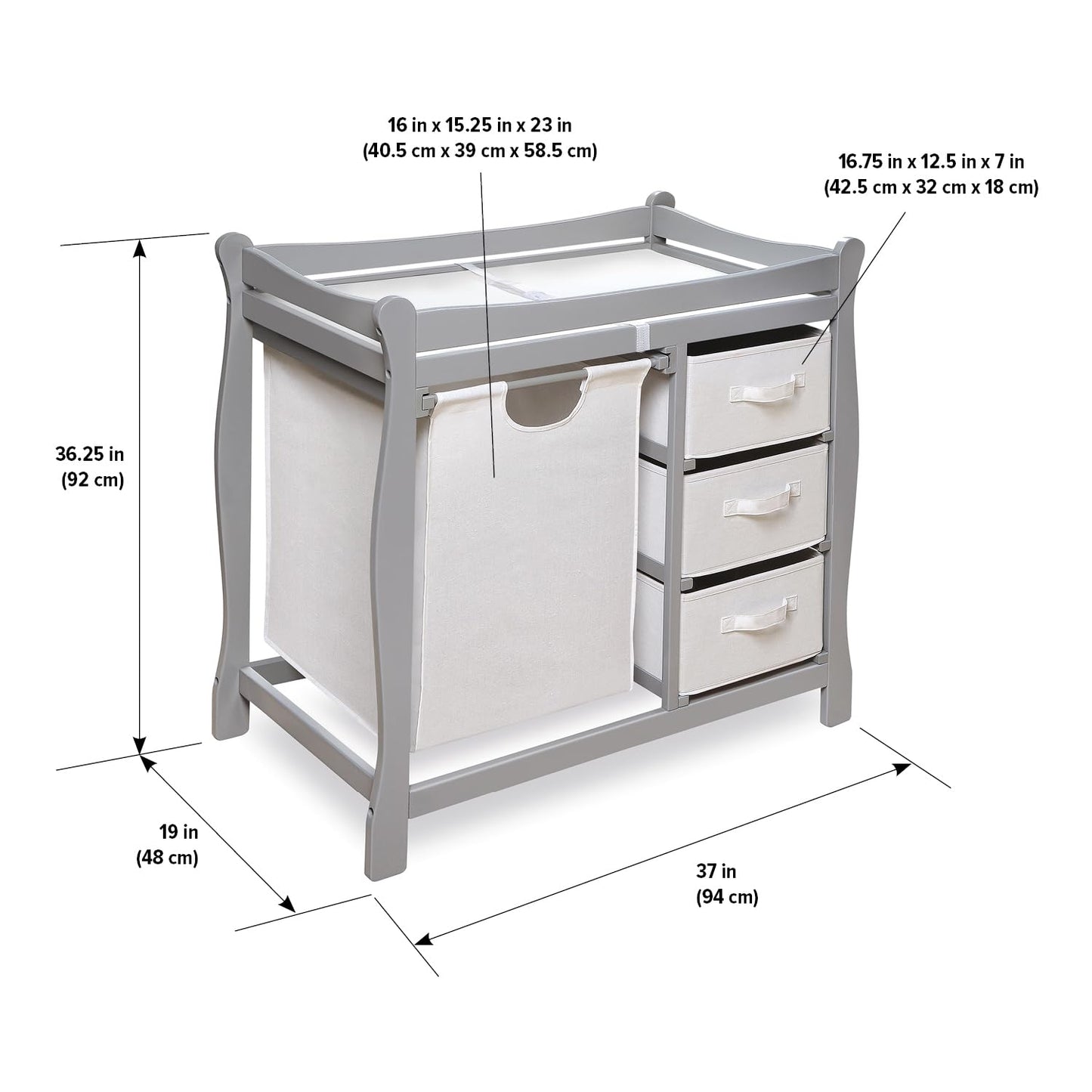 Badger Basket Sleigh Style Baby Changing Table with Laundry Hamper and 3 Storage Drawers - Espresso