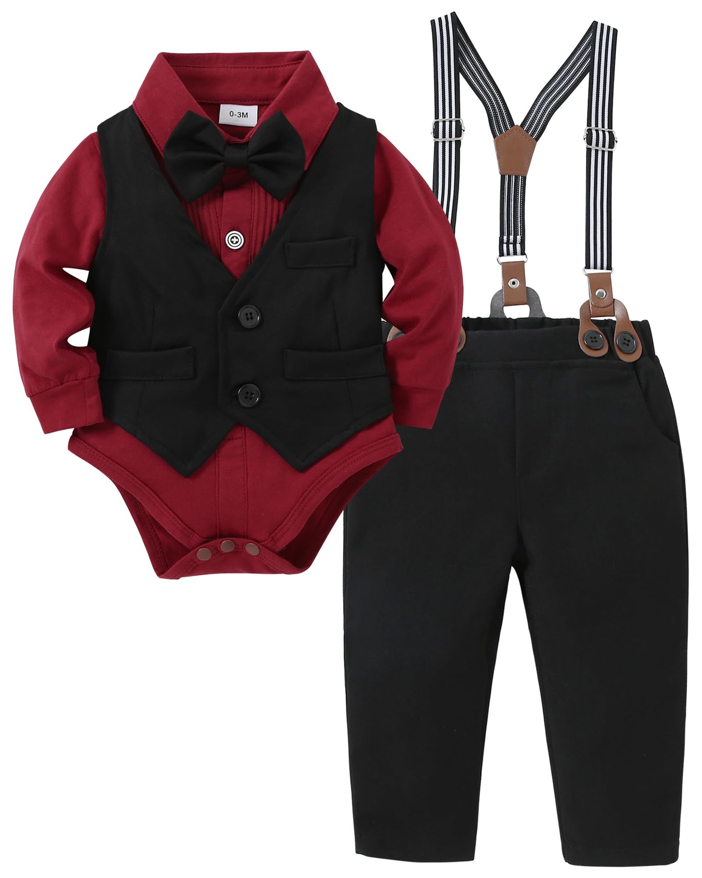 YUEMION Baby Boy Clothes Wedding Outfit Suits, 0-18 Months Infant Boy Gentleman Set, Dress Shirt+Vest+Suspender Pants+Bowtie