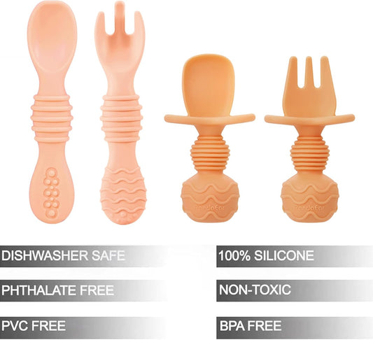 PandaEar 4 Pack Silicone Baby Spoons & Forks with 2 Pack Baby Cutlery Holder Bags, Baby Feeding Set Self Feeding Utensils & Reusable Portable Flatware Box Tableware Organizer Storage Case