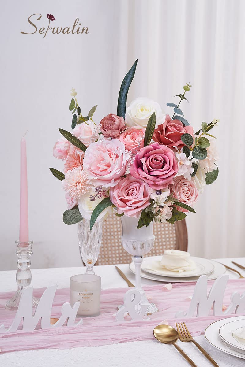 Serwalin Pink Artificial Flowers, Silk Fake Flowers for DIY Wedding Bridal Bouquets, Wedding Cake Flowers for Table Centerpieces Baby Shower Birthday Party Home Decorations
