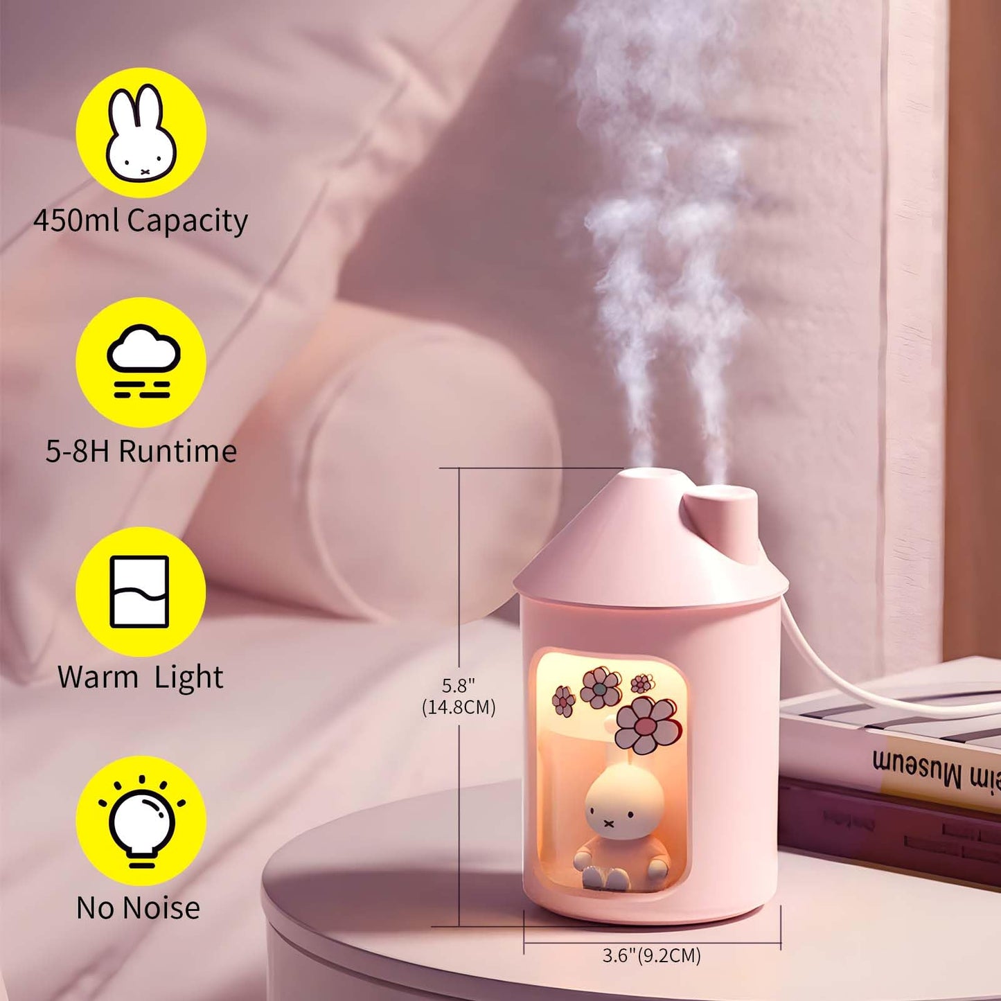 Mipow x miffy BTA700M Cool Mist Humidifier for Bedroom,Ultrasonic Quiet Humidifier with Night Light,450 ML Double Spray Humidifiers for Nursery,Office Indoor Plants (Pink)