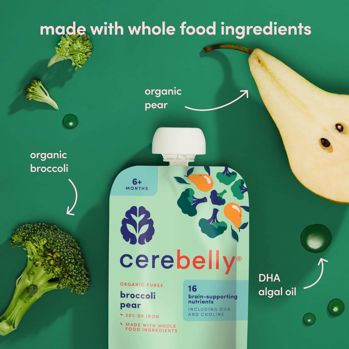 Cerebelly Organic Baby Food Pouches Variety Pack – Organic Veggie Purees for Toddlers | No Added Sugar, Fiber, Non-GMO | Blended Toddler Pouches | 4 Ounce BPA-Free Pouch | 4 Flavors | 8 Count