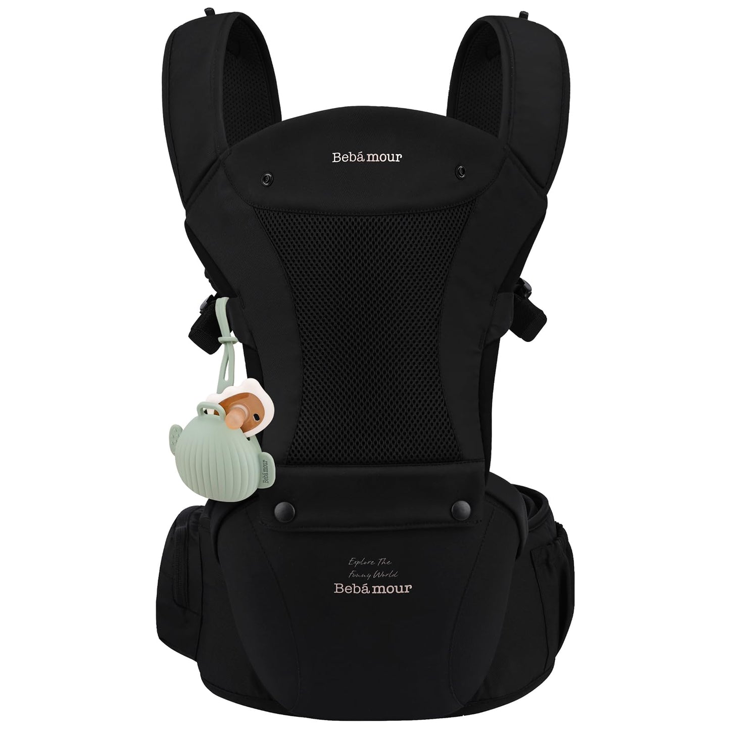 Bebamour Baby Carrier with Hip Seat,All-Position Breathable Mesh Hip Seat & Carrier 0-36Months with Head Hood, 3 PCS Teething Pads, Waist Extender,Storage Bag & Pacifier Case(Khaki)