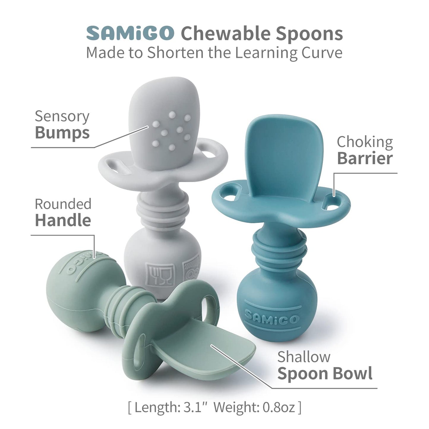 SAMiGO Silicone Baby Utensils - Self Feeding Spoons and Tiny Training Cup - First Stage Baby Led Weaning Supplies for 6 Months+ Infants - Set of 3