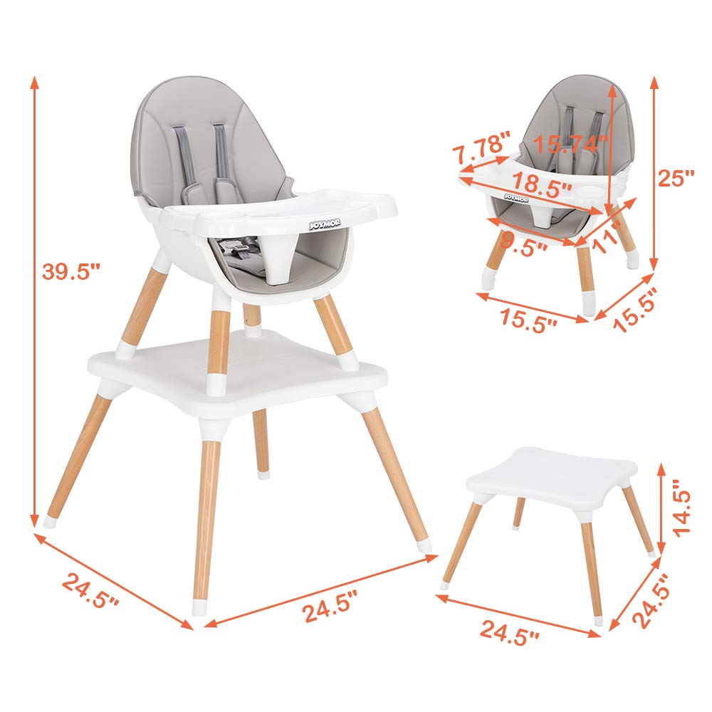 JOYMOR 5-in-1 Convertible Baby High Chair for Babies and Toddlers, Table and Chair Set, Wooden Infant Eating Highchair with Leather Seat Cushion, 4-Position Removeable & Adjustable Tray (Biege)