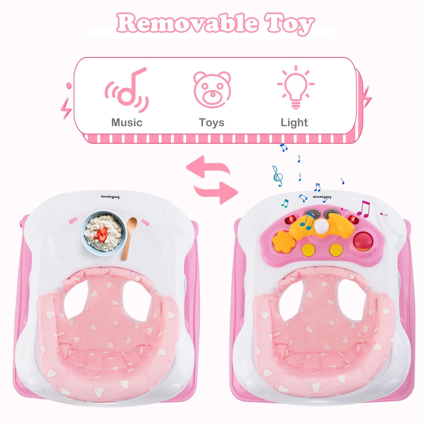 INFANS Foldable Baby Walker, 3 in 1 Toddler Walker Leaning-Seated Walk-Behind with Removable Music Tray, Adjustable Height, Washable Seat Cushion for Boys and Girls (Heart)