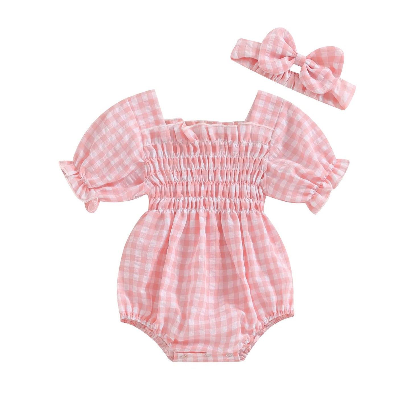 Infant Baby Girls Romper Ruffle Sleeve Pleated Smocked Bubble Plaid One Piece Ruched Jumpsuit Summer Bodysuit